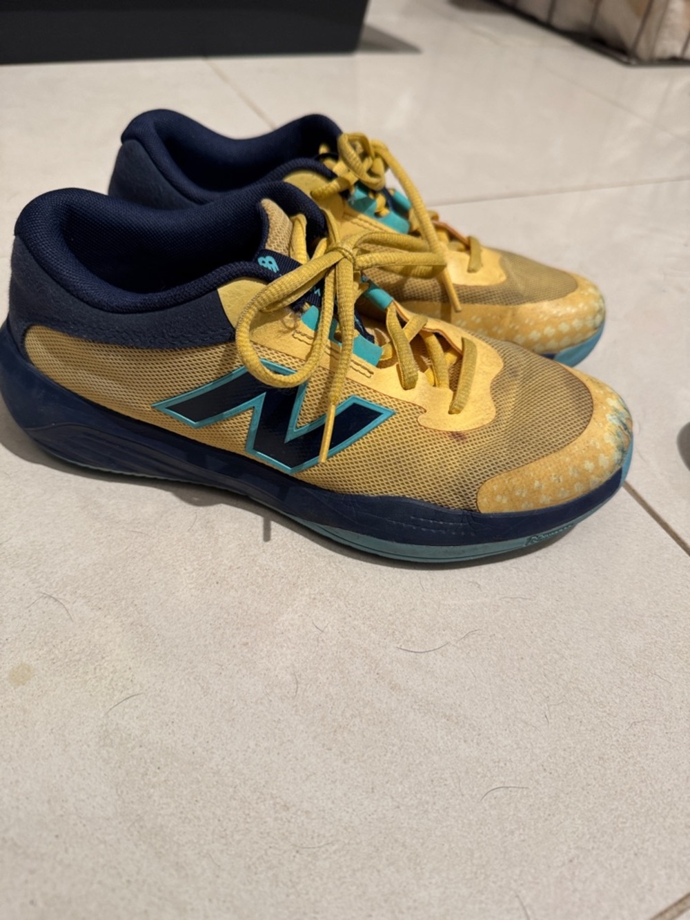 New Balance Kids Yellow and Navy 996v Tennis Athletic Sneakers with Teal Accents